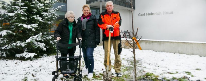 Drei Menschen im Schnee bei der Baumpflanzaktion im Altenpflegeheim Carl Heinrich Borna